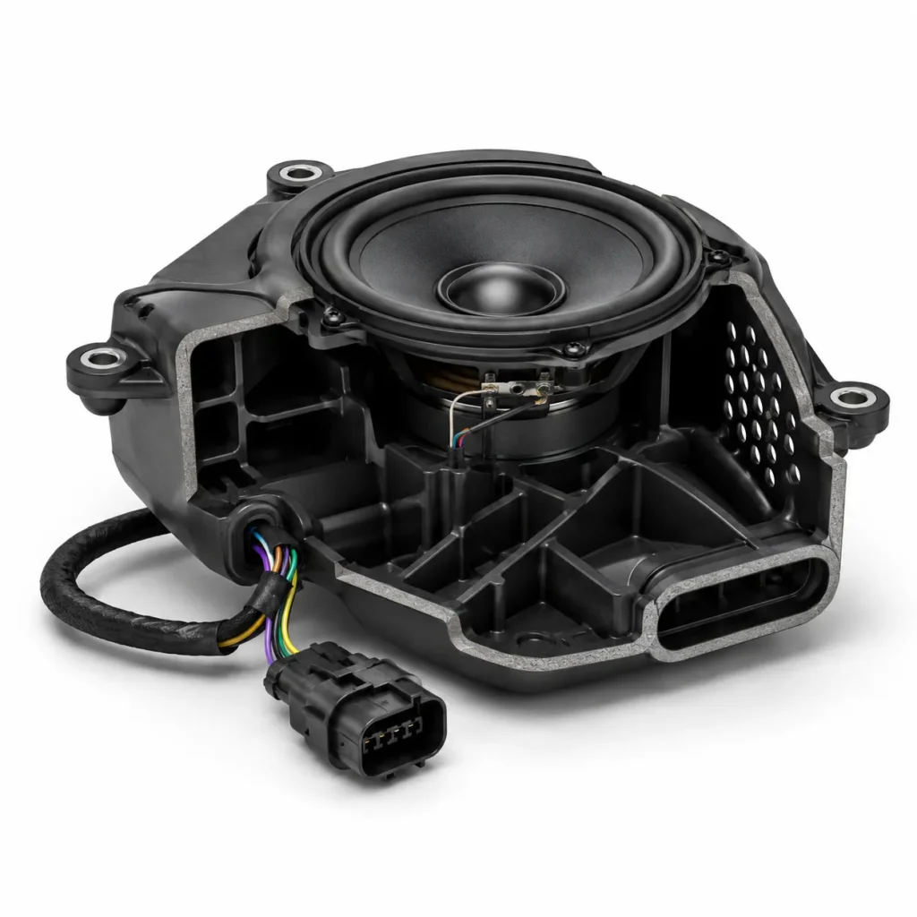 Illustration of a speaker driver integrated into a custom mounting enclosure