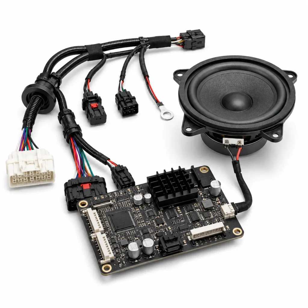 Illustration of a speaker, amplifier board and wiring for audio integration