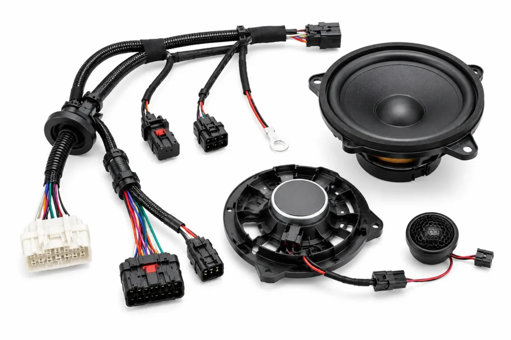 Illustration of automotive speaker drivers with wiring and connectors