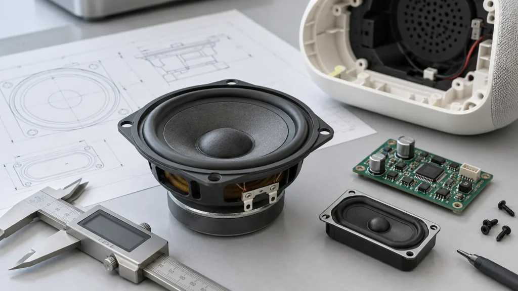 Illustration of speaker driver dimensions, acoustic response and electrical specification review