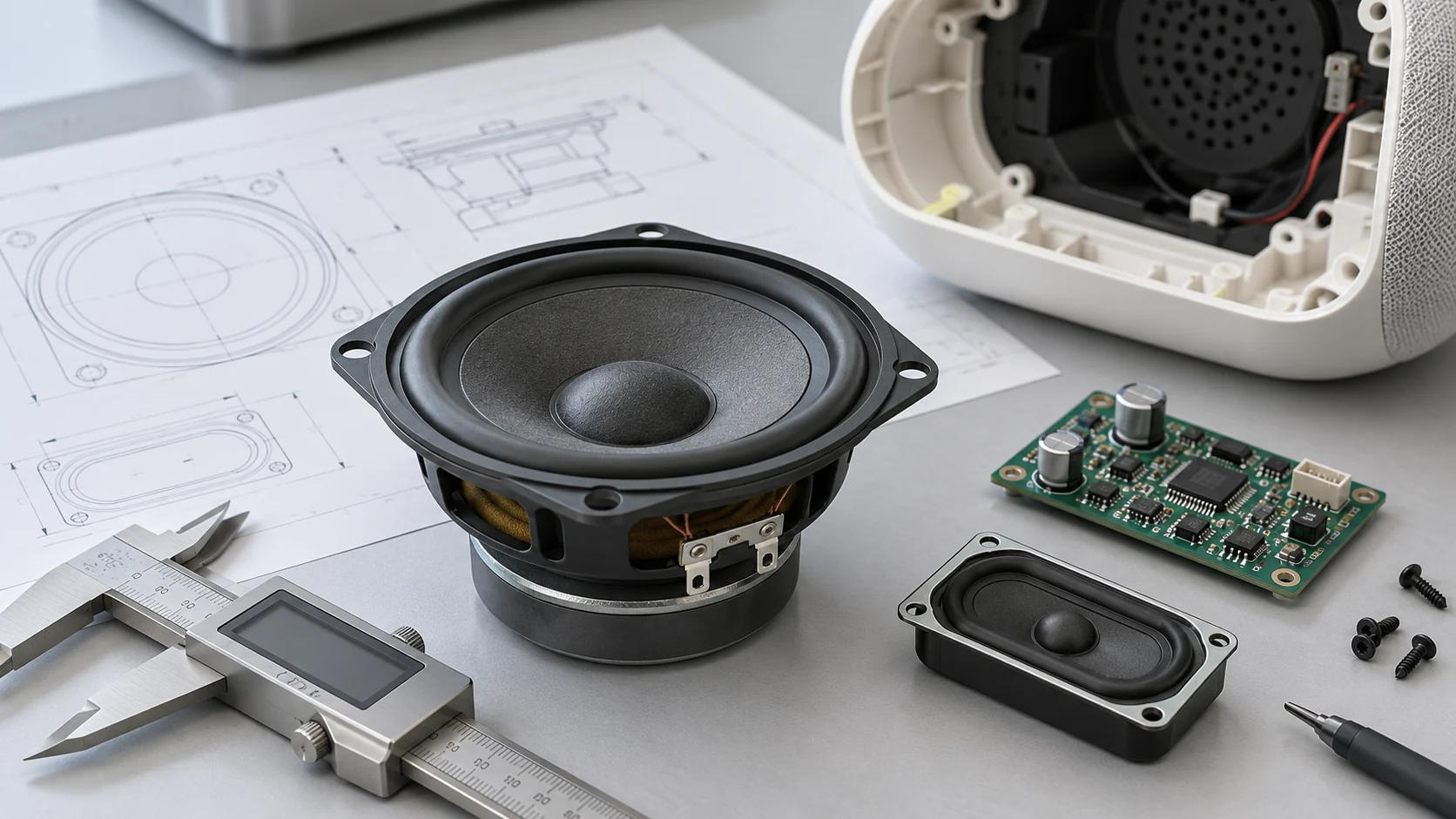Illustration of speaker driver dimensions, acoustic response and electrical specification review